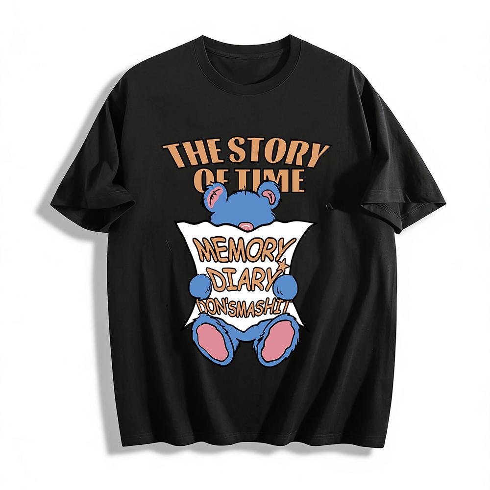

Vintage The Story of Time Bear Print Top Unisex Fun Memory Diary Casual Loose T-Shirt Pure cotton T-shirt XXS