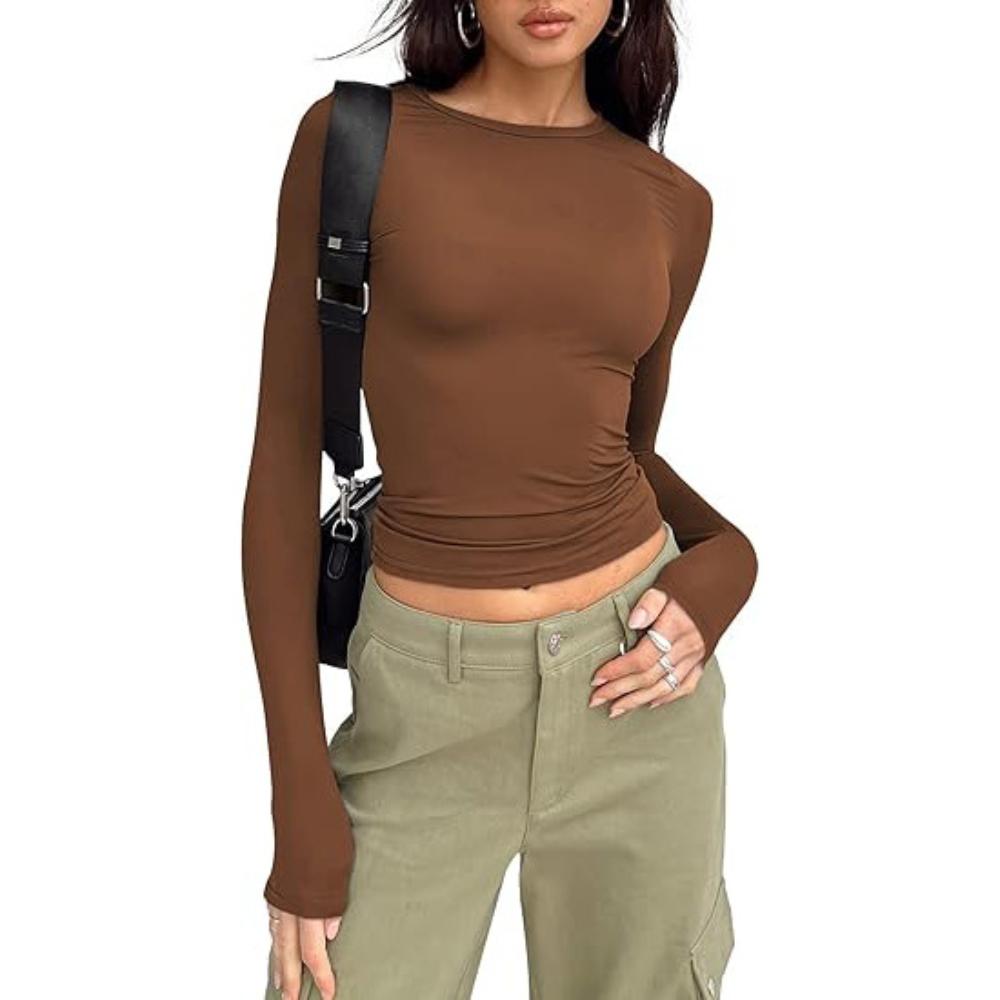 Women's Top for Spring and Autumn Base, Women's High-end Round Neck Long Sleeved Pullover, Slim Fit Milk Silk T-shirt