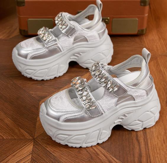 Fashion 9CM Air Mesh Microfiber Leather Chunky Sneaker High Brand Comfy Booties Fashion Summer Hook Ankle Boots Bling Shoes Women