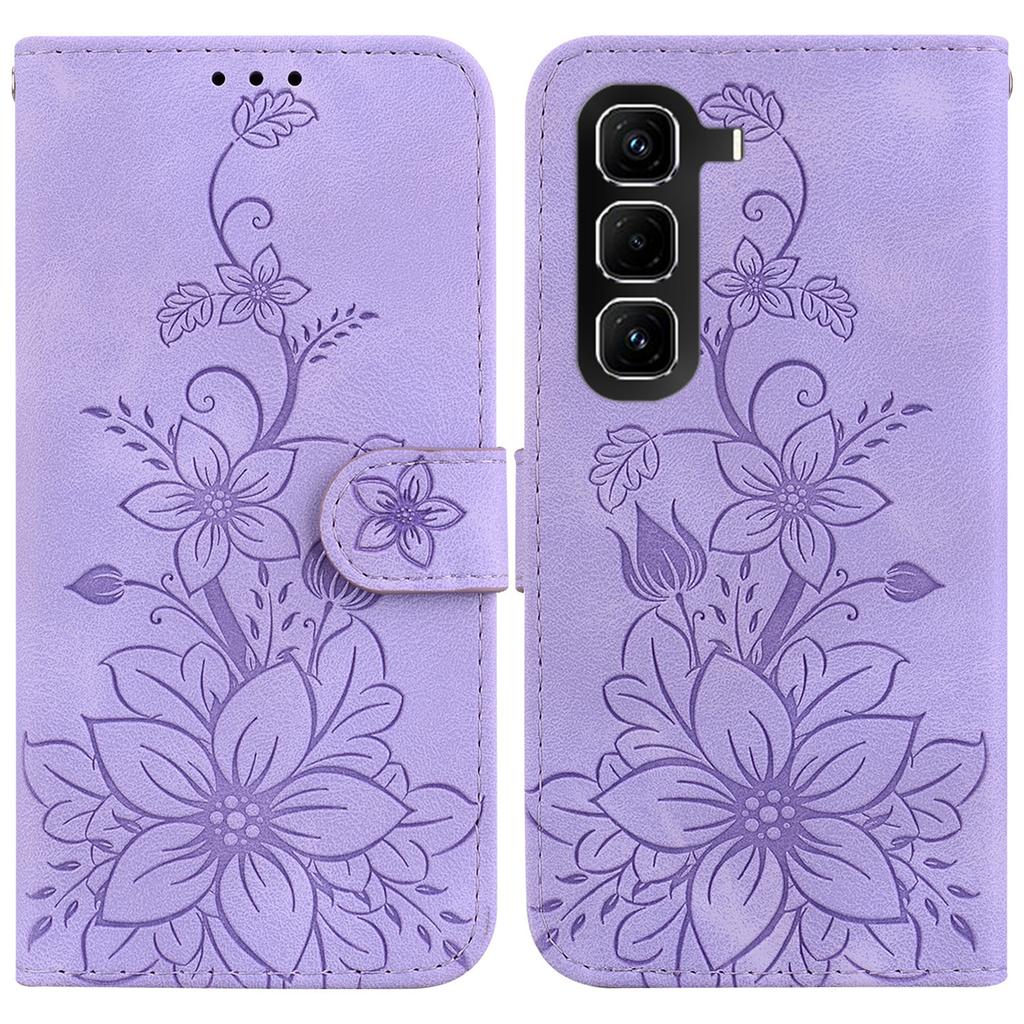 For Infinix Hot 50 Pro+ 4G Stand Case Lily Flower Imprint Leather Phone Cover with Wrist Strap