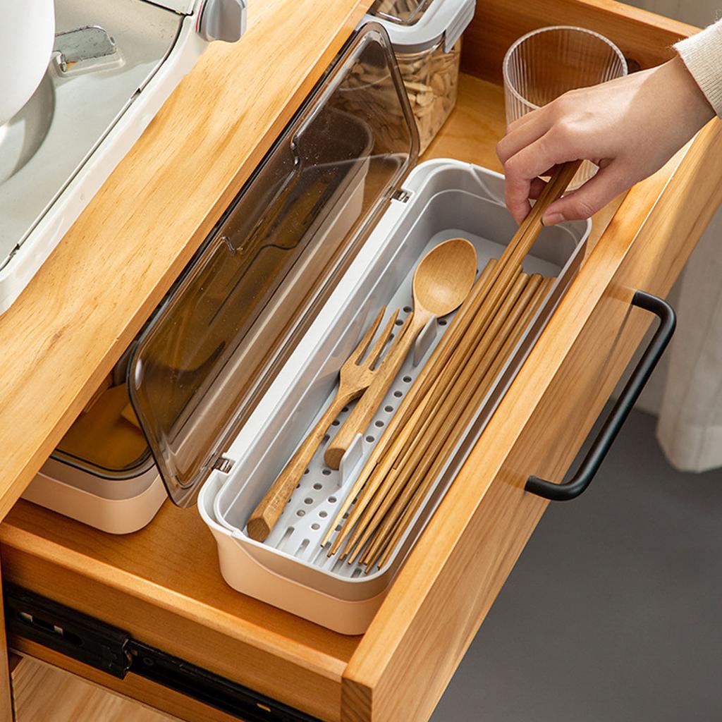 Chopsticks Drain Storage Box Plastic Kitchen Utensil Storage Container Cutlery Tray with Lid for