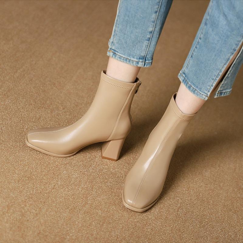 New women's boots high heel square head short boots Martin boots rear zipper short boots spring and autumn single boots women's thick heel boots