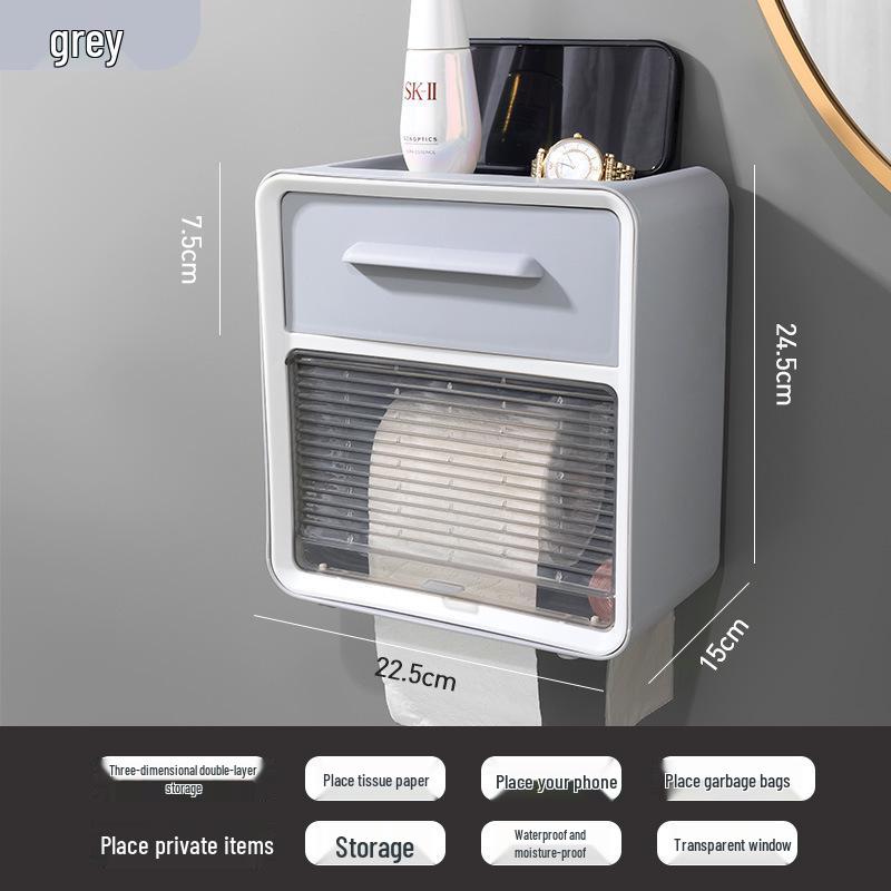 Wall-Mounted Waterproof Toilet Paper Holder & Storage Rack, Punch-Free Installation.