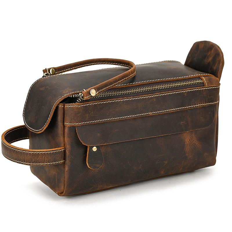 Vintage Full-Grain Leather Toiletry Bag With Zip Multi-Compartment Cosmetic Organizer Travel Daily Use