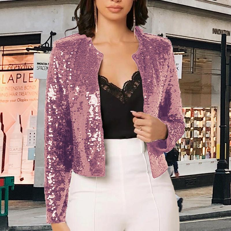 Spring 2026 Women s Colorblock Sequin Stand-Up Collar Jacket - European & American Fashion S