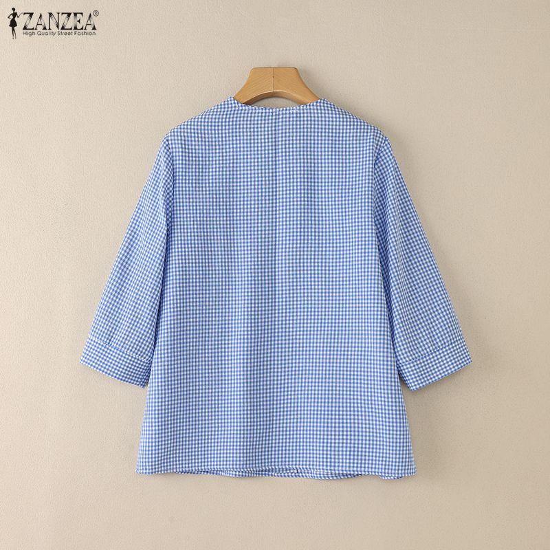ZANZEA Damen Karo-Print Lässige Rundhals-Bluse mit 3/4-Ärmeln