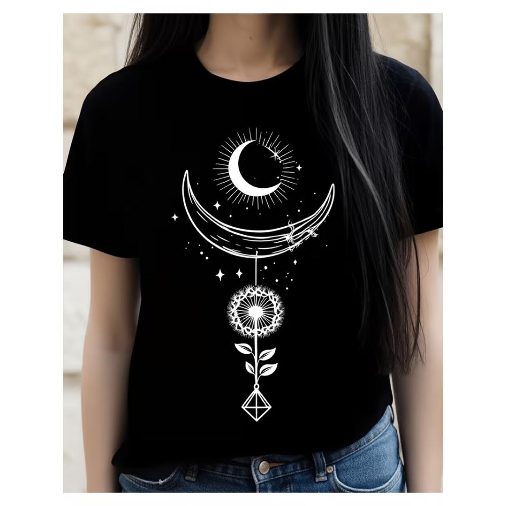 Celestial Moth Moon Geometric Graphic T-Shirt Women’s Crew Neck Short Sleeve Tee Witchy Mystical Print for Daily Wear