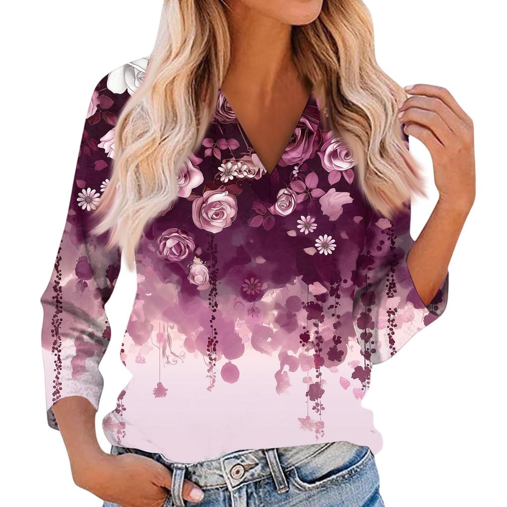 Women's Casual And Fashionable Flower Printing V-Neck Top With Seven Quarter Sleeves