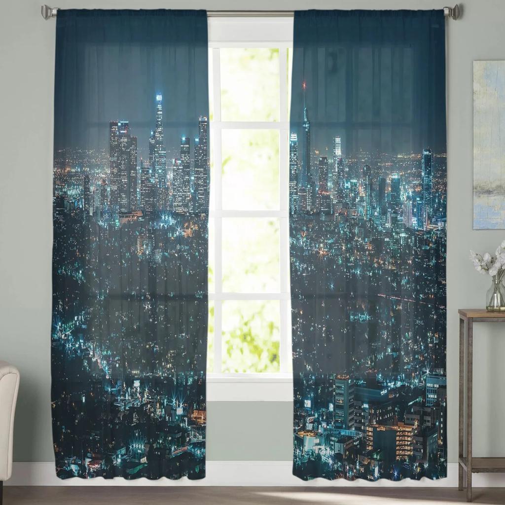 City Night House Tulle Curtains Balcony Room Fashion Printed Sheer Curtain Living Room Window Modern Decor