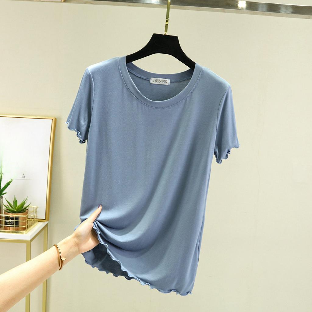 Ice Silk Round Neck Short-sleeved T-shirt, Thin Flying Edge, Sweet and Simple Bottoming Shirt, Slim Slimming Women's Top