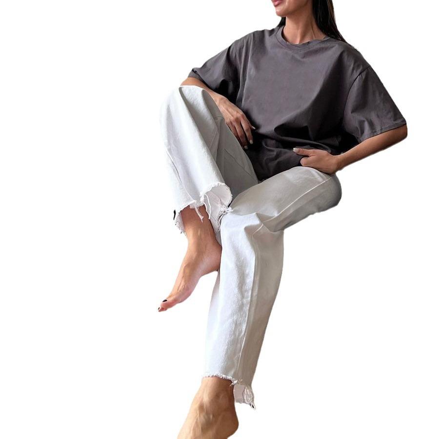 Women's Oversized Short Sleeve T-Shirts Basic Crewneck Tee Summer Breathable Loose Fit Casual Workout Solid Color Cotton Pullover Tops for Women
