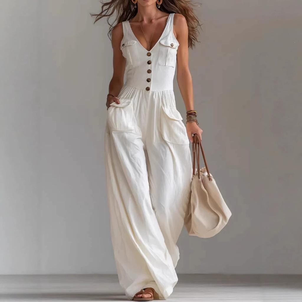 Women's Jumpsuits & Rompers - Summer Women V-neck Button Pocket Jumpsuit Casual Sleeveless Romper for Daily