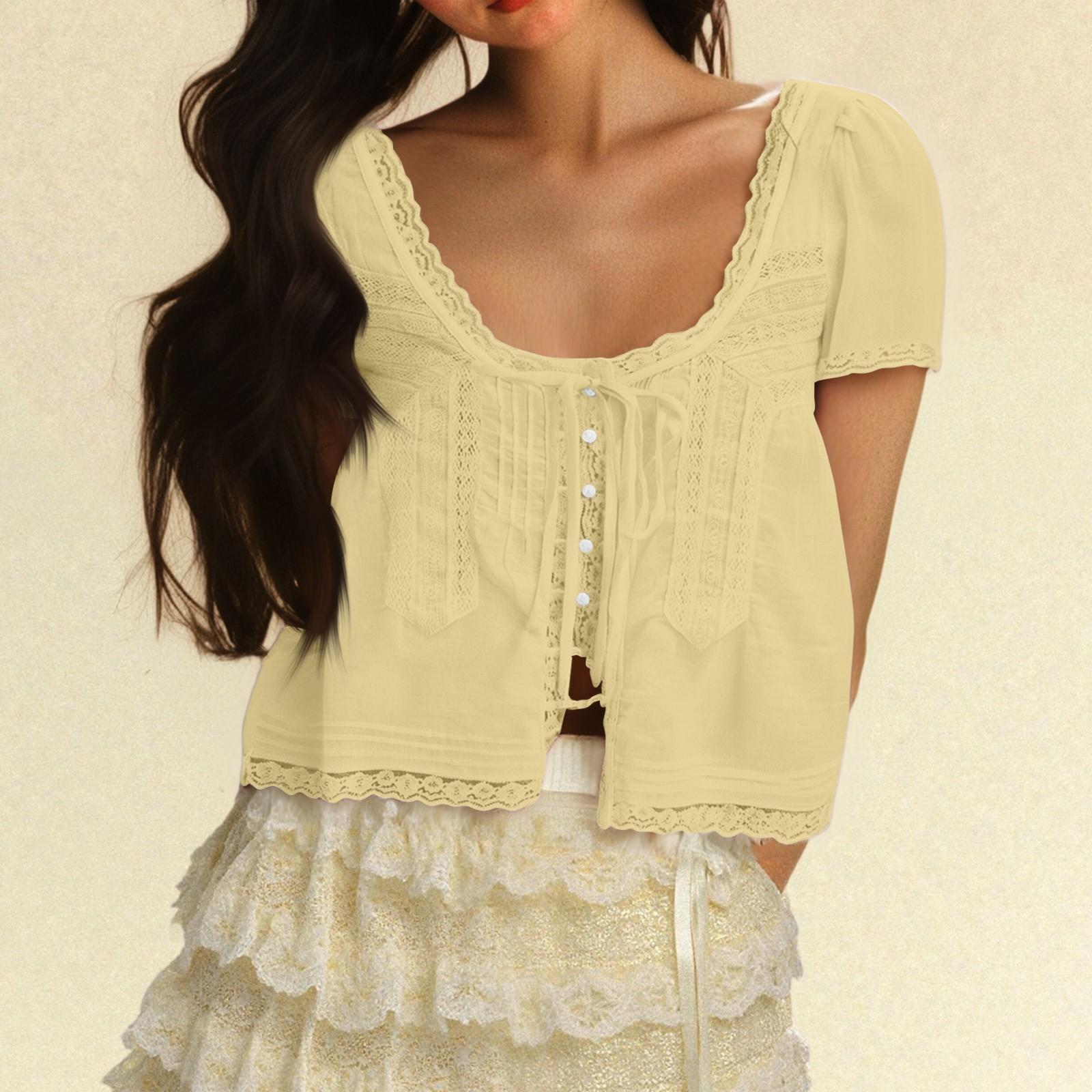

Женская мода повседневный короткий рукав кружевной кружевной милый тонкий топ на пуговицах S жёлтый