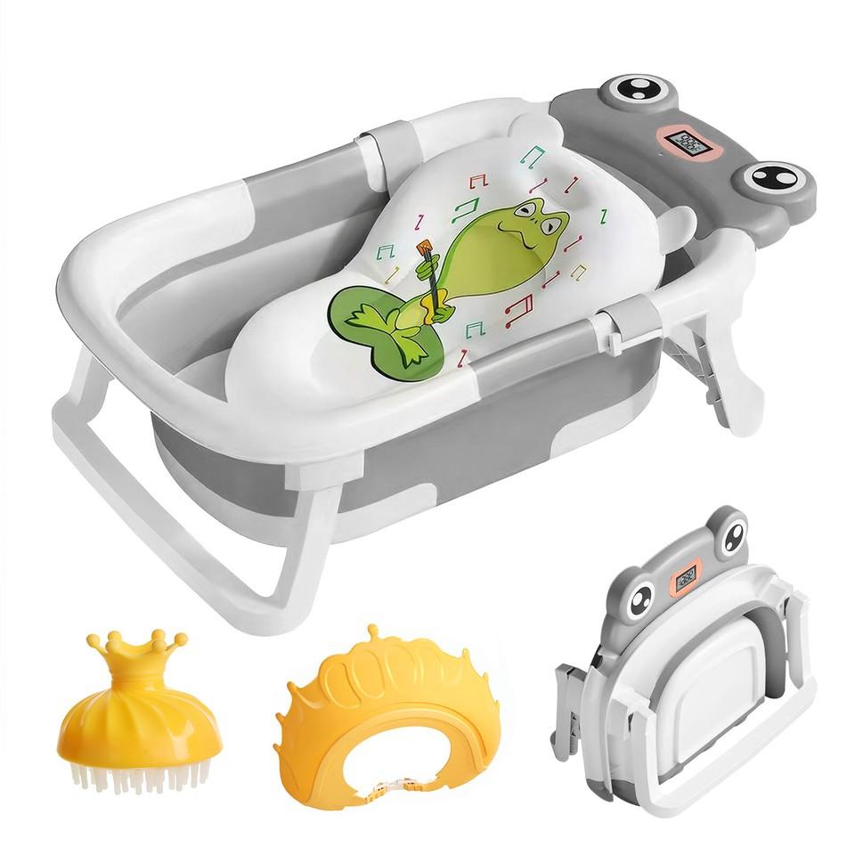 Foldable Baby Bath Tub Ergonomic With Temperature & Cushion Bath Pad + Bath Net