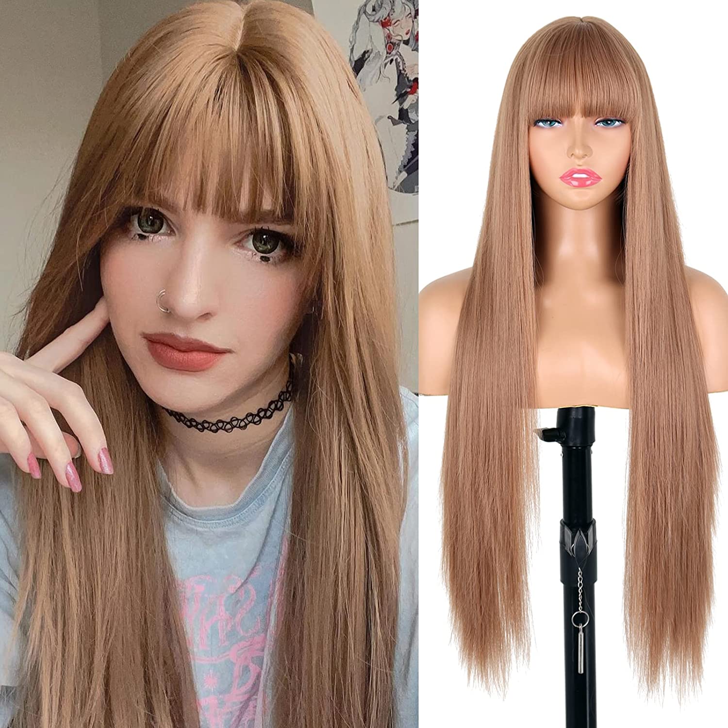 

MISS WIG Длинный красный парик с челкой, прямые темно-красные парики для женщин, винно-красный длинный прямой термостойкий синтетический парик для модных женщин 75CM