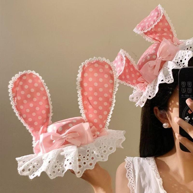 Pink Rabbit Ear Bow-patterned Polka Dot Hat Hairpin, Cute and High-end Clip Hair Accessory for Birthday Headwear