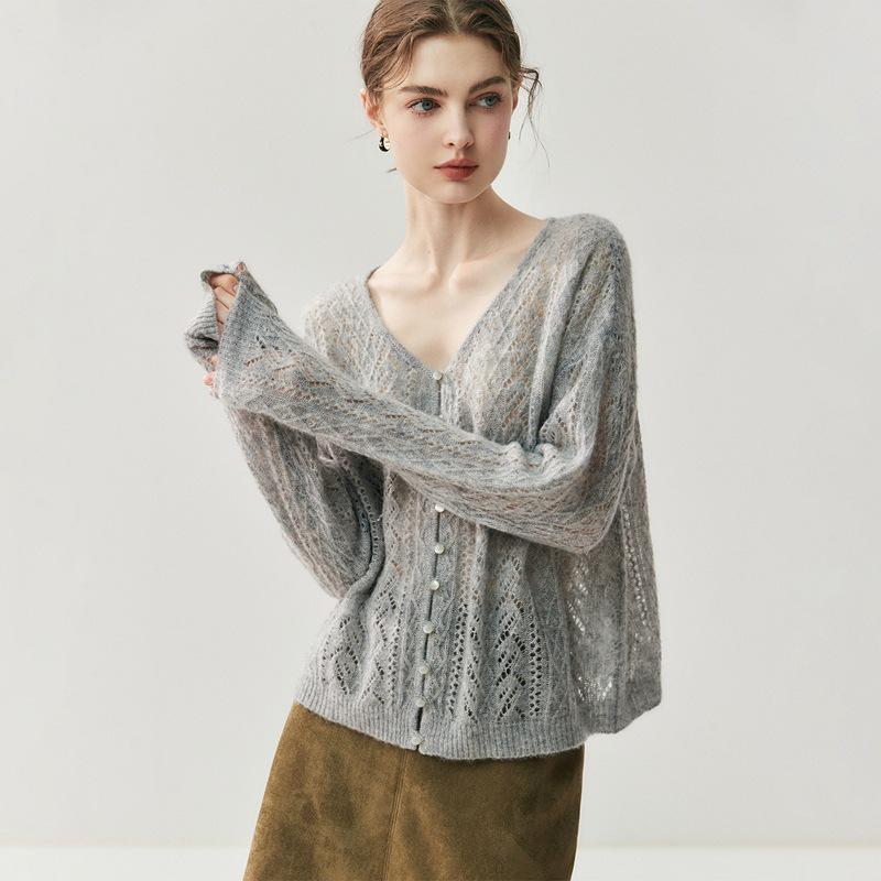 2025 A/W Women's V-neck Beaded Cashmere Cardigan – Wool Knit Lazy Style Sweater Coat