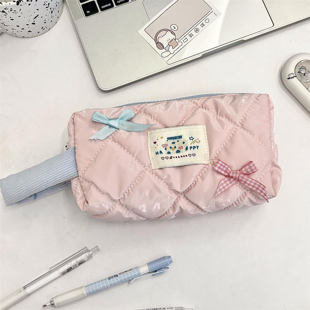 Ins Korean Style Large Capacity Cosmetic Bags Glossy Bow Cute Makeup Bag for Girls Students Tote Waterproof Pencil Case