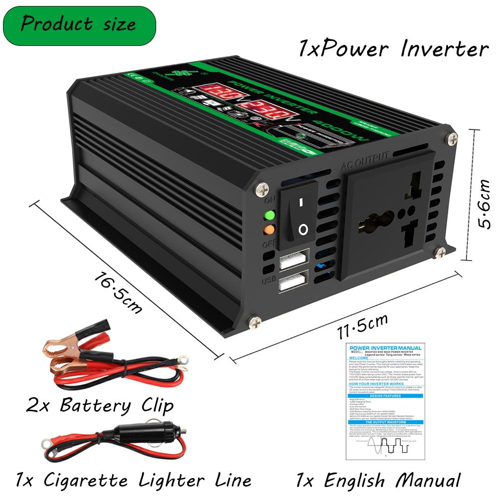 300W/4000W Portable Car Inverter DC 12V To AC 110V/220V Dual USB/AC Ports for Outdoor Camping & Appliances No Battery Included