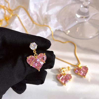 Gold-Plated 925 Sterling Silver Heart Earrings and 5A Zircon Heart Necklace Set for Women