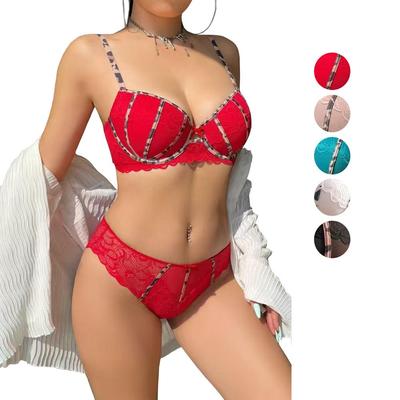 Conjuntos de ropa interior íntima para mujer con rayas florales, sujetadores push-up, bragas de encaje sexy, conjunto de lencería diaria