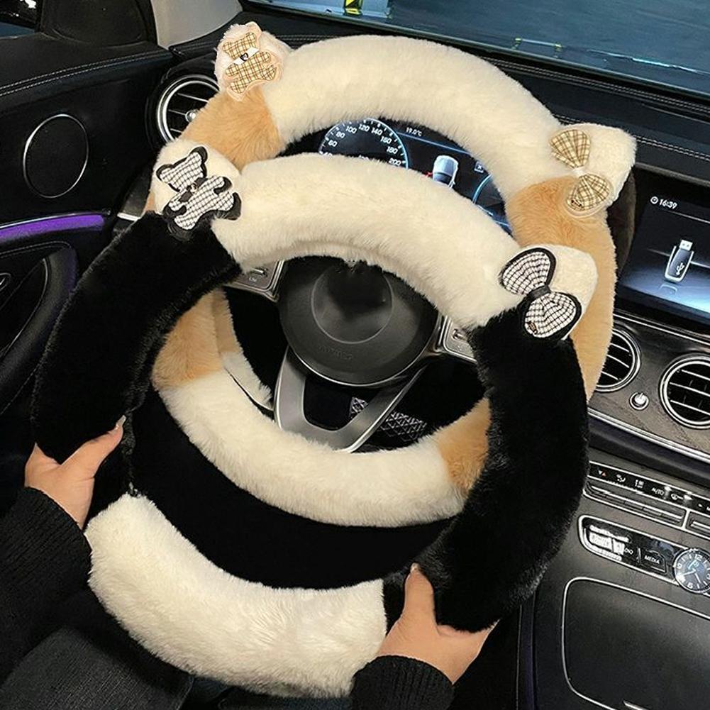 Universelle Lenkradabdeckung für Autos Kleiner Bär Styling Dekor Lenkrad Elastische Abdeckungen für Männer Frauen Winter Plüsch Warm I6Z1