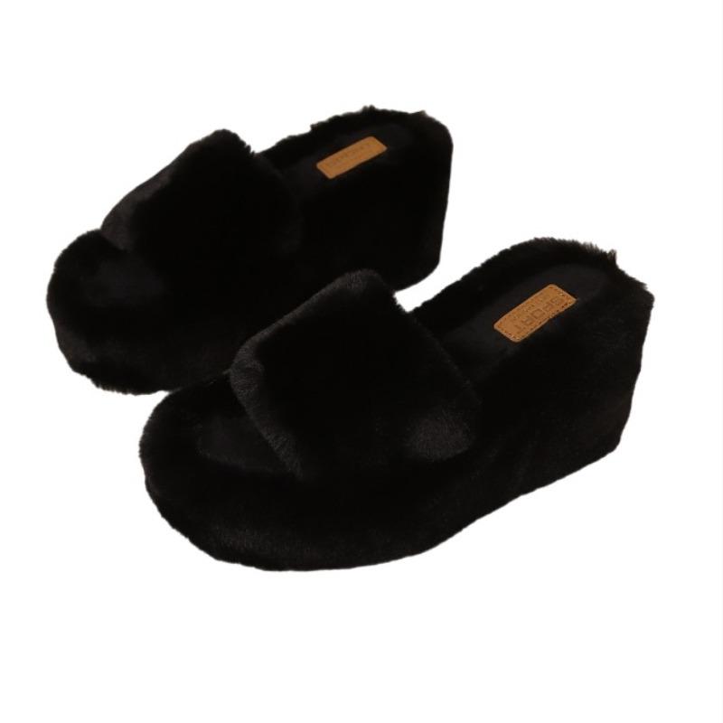 Women Fur Slippers Wedges Platform Shoes New 2025 Trend Open Toe Flip Flops Short Plush Cozy Winter Slides Woman Zapatos