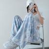 Blue Tie Dye Ice Silk Wide Leg Pants for Women Summer Thin High Waist Loose Casual Versatile Floor Wide Leg Pants