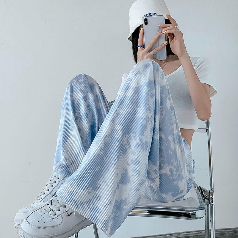 Blue Tie Dye Ice Silk Wide Leg Pants for Women Summer Thin High Waist Loose Casual Versatile Floor Wide Leg Pants