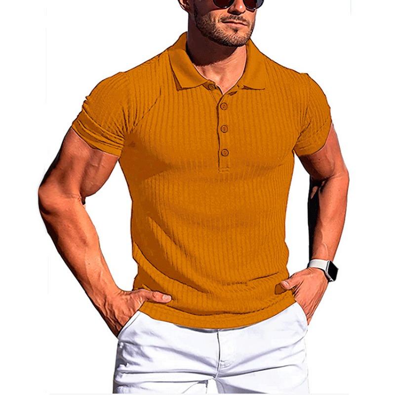 Men's Running Fitness Clothing Summer High Elasticity Vertical Stripe Short Sleeved Polo Shirt Slim Fit Knitted Base T Shirt