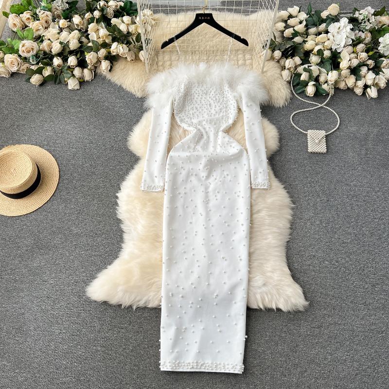One-word Shoulder Fluffy Splicing Bead Dress Dress Women's Niche Waist and Thin Temperament Socialite