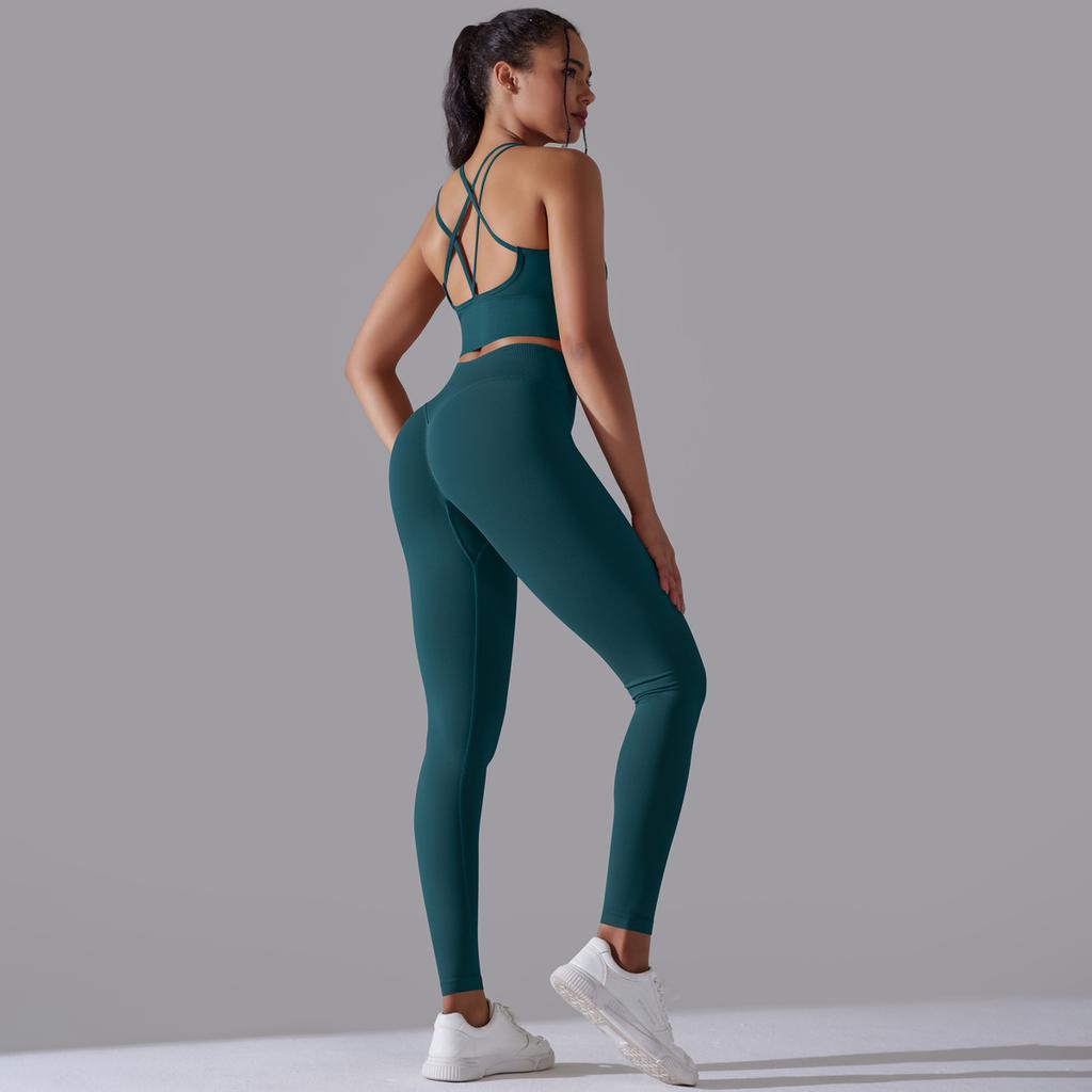 New High Waist Peach Hip Tight Pants Set, Sports Back Yoga Clothes, Running Training Fitness Set, Two Piece Set For Women