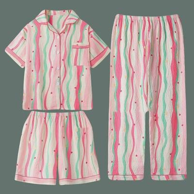 Dopamine Pink Striped Summer Cotton Crepe Pajama Set - Women's Short-Sleeve Three-Piece