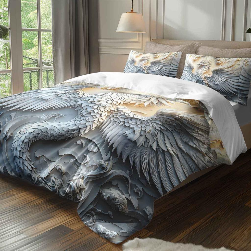 3pcs Luxury Phoenix Relief Bedding Duvet Cover Set Elegant Phoenix Bedding Quilt Set 3D Phoenix Themed Bed Quilt Set Gray White