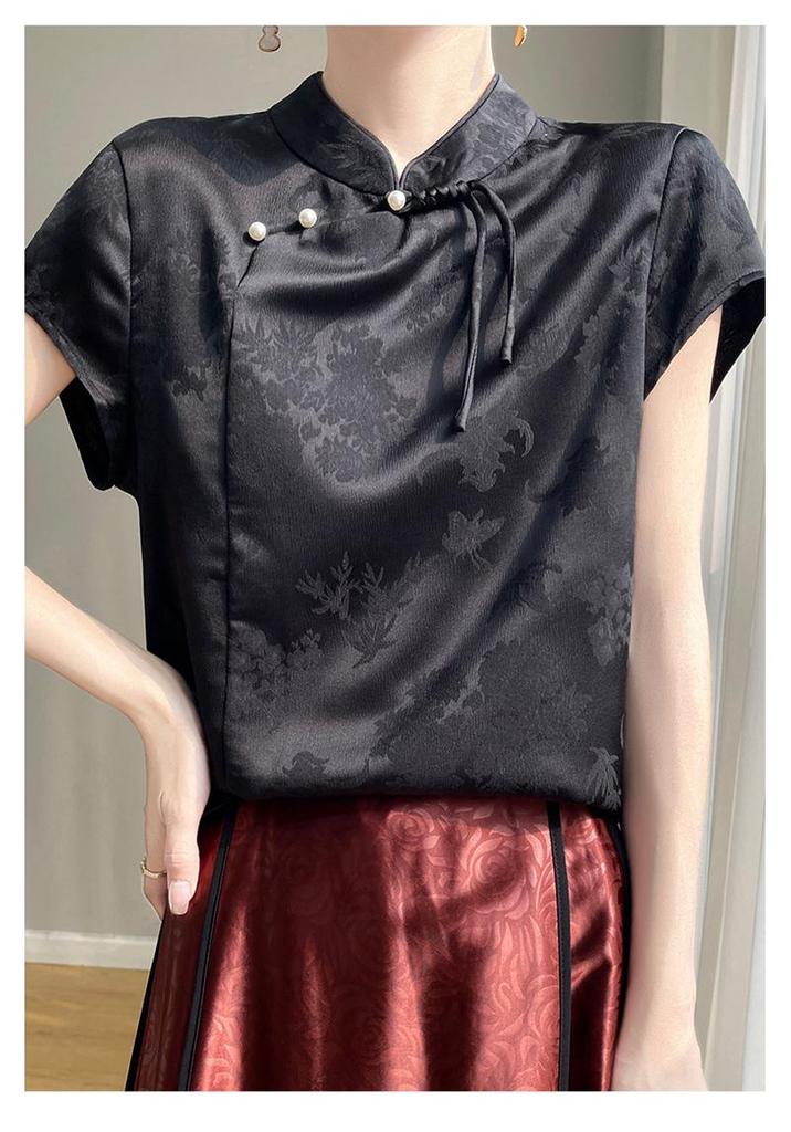 Women's 2025 Spring/Summer Chinese Faux Silk Jacquard Shirt - National Trend Tang Suit with Stand Collar and Diagonal Placket