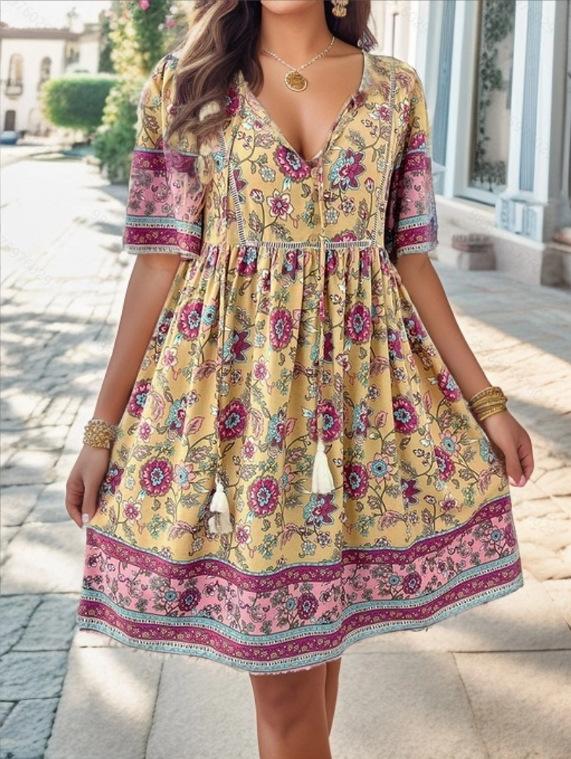Damen Blumendruck Boho Strand Minikleid Sommer V-Ausschnitt Kurzarm Schnürung Lässige Lose Urlaubskleider Robe Weiblich