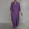 Spring Fall Maxi Dress Robe Baggy Cross V Neck Solid Color Large Pocket Retro A-line Bohemian Maxi Dress Casual Party Travel