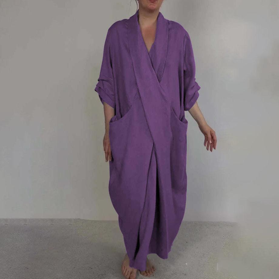 Spring Fall Maxi Dress Robe Baggy Cross V Neck Solid Color Large Pocket Retro A-line Bohemian Maxi Dress Casual Party Travel