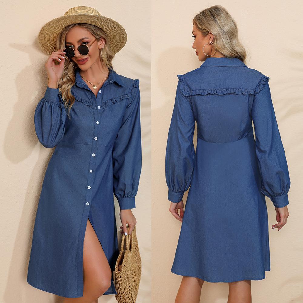 Frühlings- und Herbst Damen Revers Holzohr Seite Einfarbig Denim Langarm Kleid