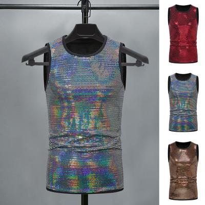 Summer Men Vest Shiny Metallic Round Neck Sleeveless Slim Fit Stretchy Mid Length Club Performance Stage Show