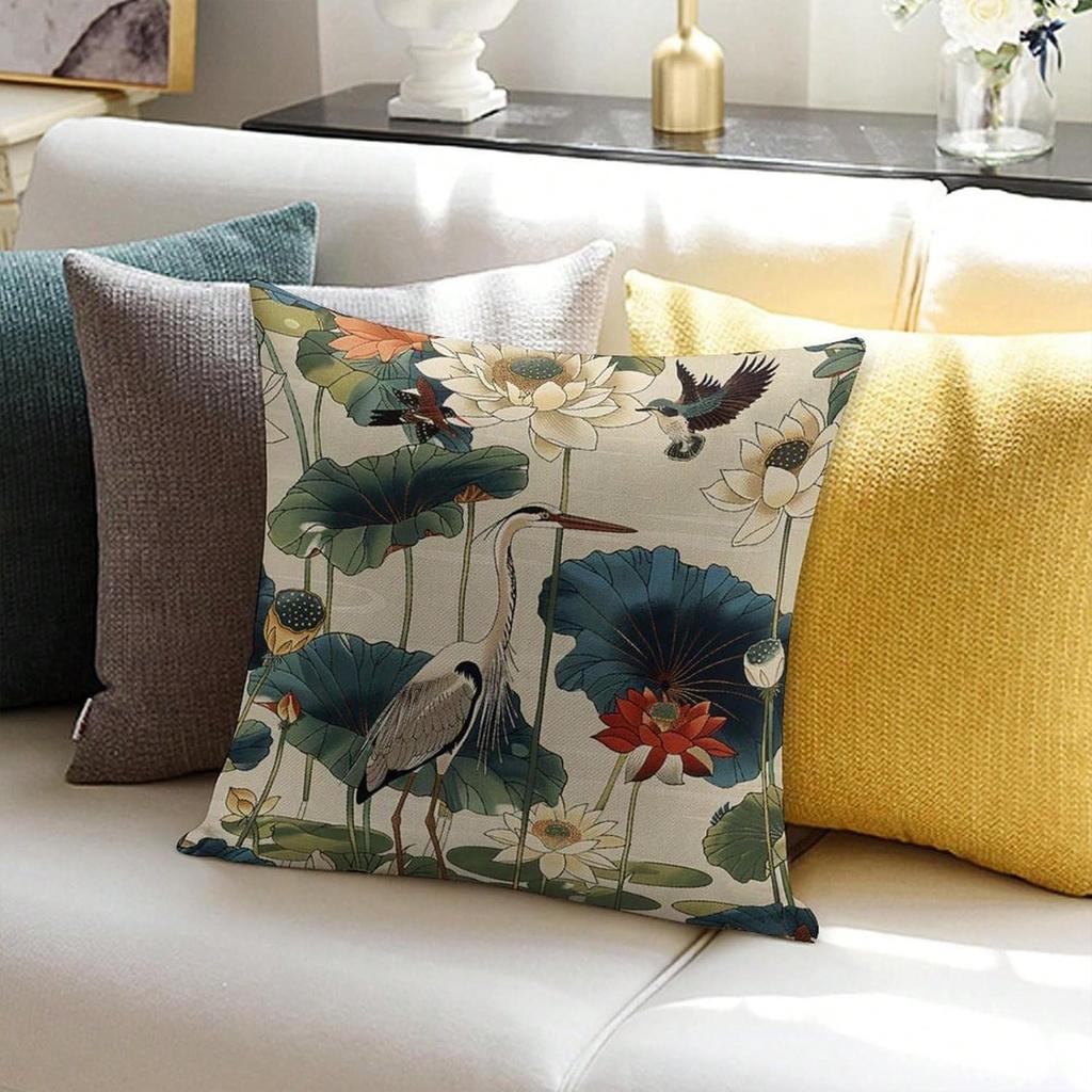 1 Lotus Heron Pillow Cover Double Sided 2D Print Soft Linen Throw Pillow Cover Living Room Bedroom Sofa Decor Elegant Vibe Gift