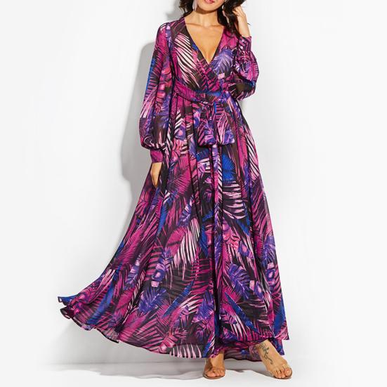 Übergröße Böhmisches Strand Damen Blätterdruck V-Ausschnitt Lange Laternenärmel Maxi-Kleid