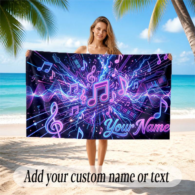 Music General Theme Beach Towel Personalized Custom Name & Text Soft Quick Dry Beach Towel for Swimming Travel