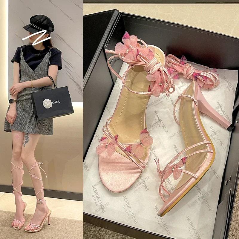 Pink Heel Sandals Woman 2024 Butterfly Decoration Zapatos De Mujer High Heels for Womens Shoes Round Toe Sandal Dresses Slides
