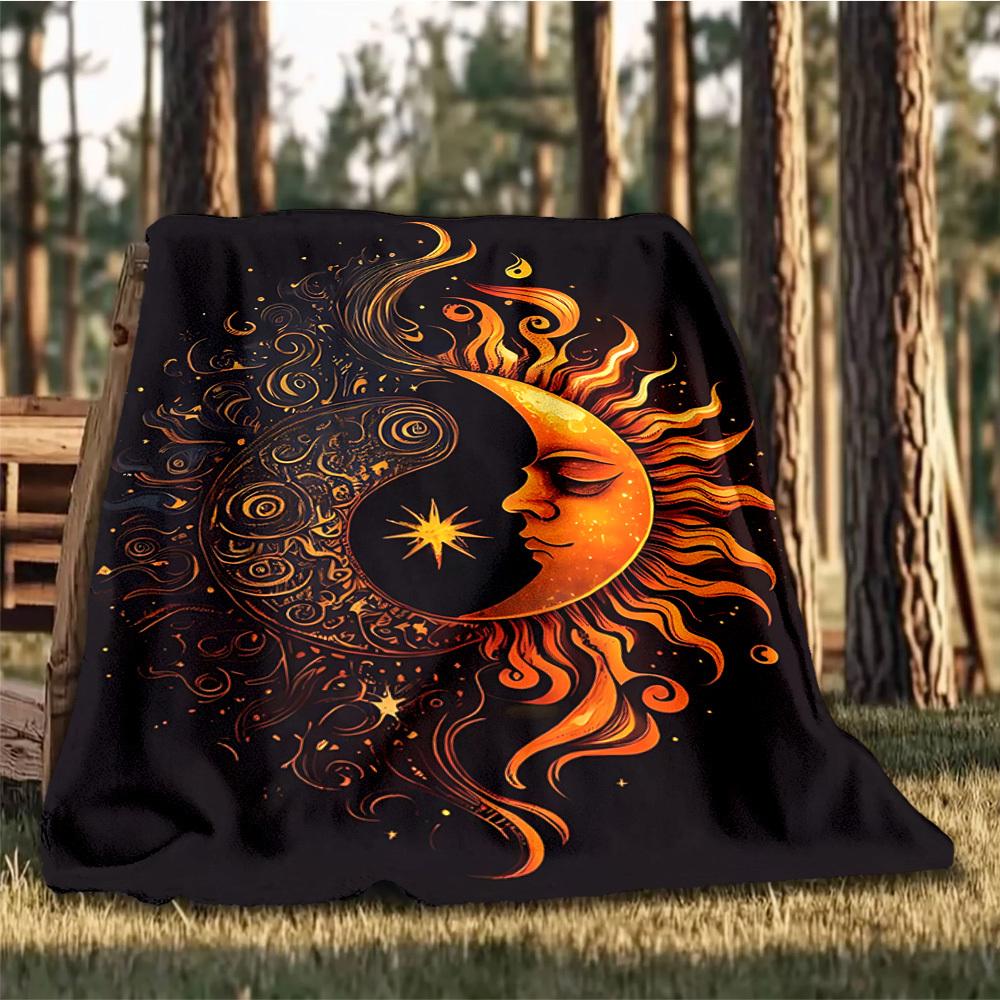1pc Sun Moon Symbol Throw Blanket Polyester Fiber, Lightweight Flannel, Soft & Warm, All Season Use for Outdoor, Camping Digital Print