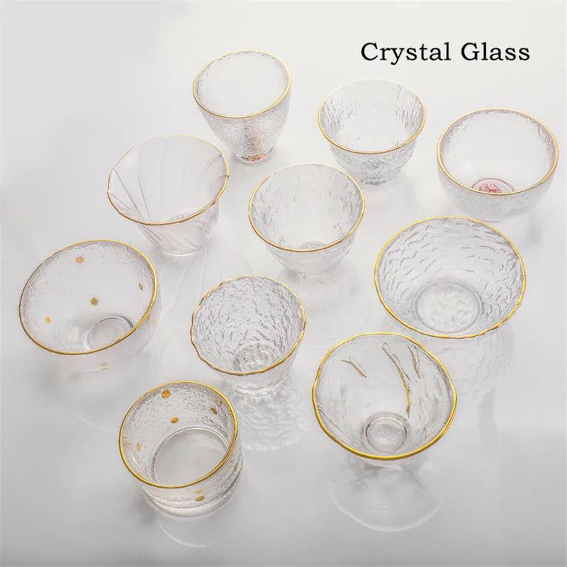 Japanese Glass Tea Cup with Gold Rim, Kung Fu Accessories, Small Teacup, Crystal Teaware Set, Tea Bowl, Cute Cup for Puer Wine