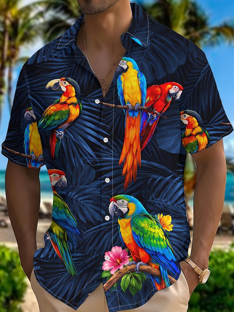 Men's Fashion Short Sleeve Shirt, Tropical Parrot Print Short Sleeve Shirt Trendy New Summer Outfit, Casual Daily Shirt, Vacation Beach Shirt, Ideal