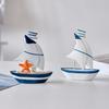Sailboat Ornament Wooden Iron Desktop Figure Small Nautical Tabletop Decoration Blue White Striped