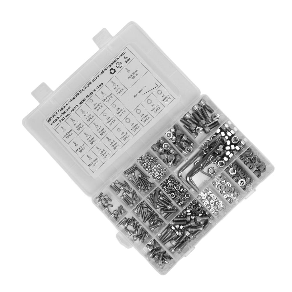 400PCS Hex Socket Screws Nuts Set M3 M4 M5 M6 304 Stainless Steel Assortment Universal for Cars Trucks