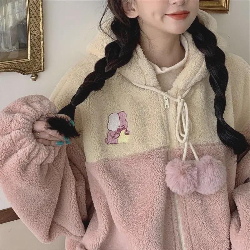 Volný vlněný kabát z jehněčího materiálu v korejském stylu pro studentky z roku 2024 - útulný sametový svetr na podzim/zimu